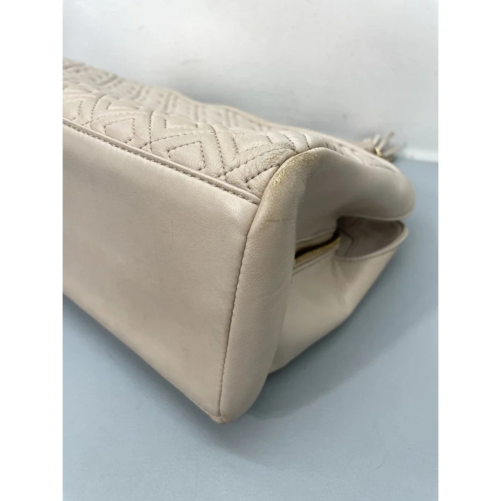 Tory Burch Fleming Open Shoulder Bag Purse Beige Nude Large Soft Leather